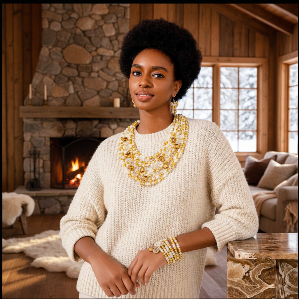 Model in cozy cabin interior