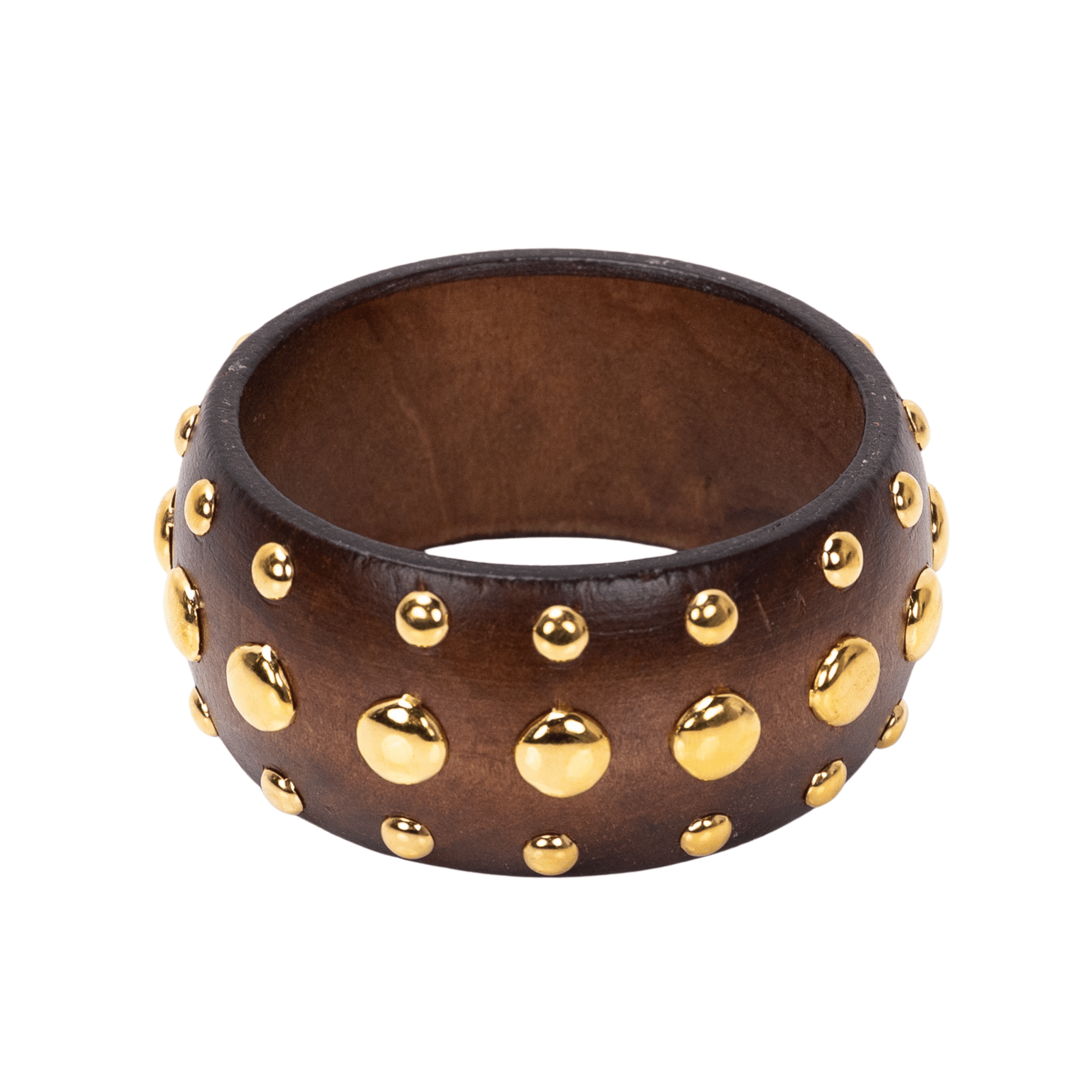 Brown honeywood inspired statement bangle bracelet with gold dome stud embellishments on a white background.