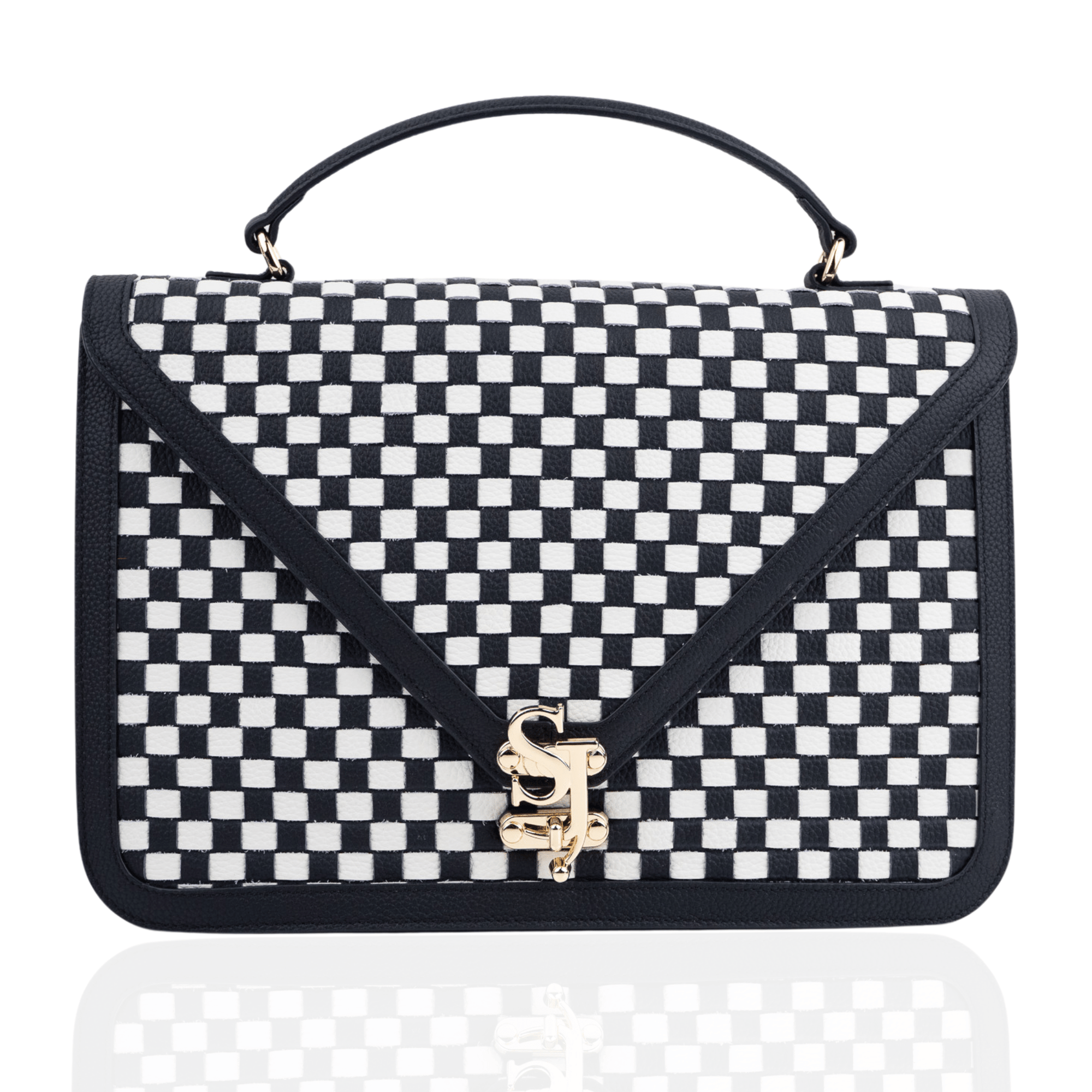 Nicole Crossbody Large Leather Satchel Woven B/W Sassy Jones