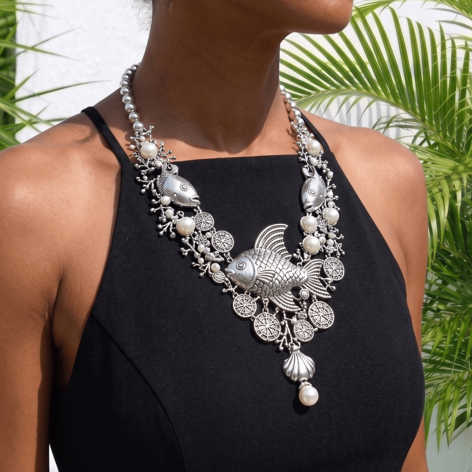 Paloma Silver Angel Fish Statement Bib,Necklaces, Sassy Jones,