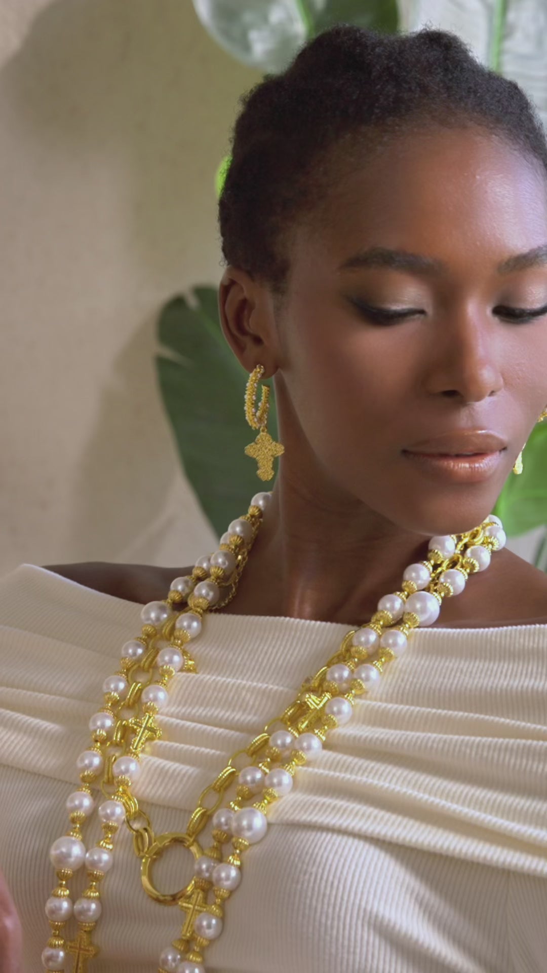 pearl hoop earrings, cross earrings women, statement hoop earrings, gold hoop earrings, fashion pearl earrings, luxury earrings women, religious earrings, boutique earrings, bold earrings jewelry, designer statement earrings