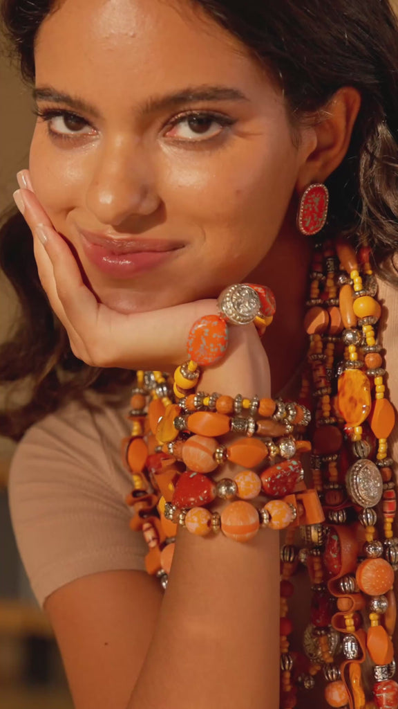 stretch bracelet stack, tribal bracelet, orange bracelet, tribal bracelet, beaded bracelets, stretch bracelets, African jewelry, orange jewelry