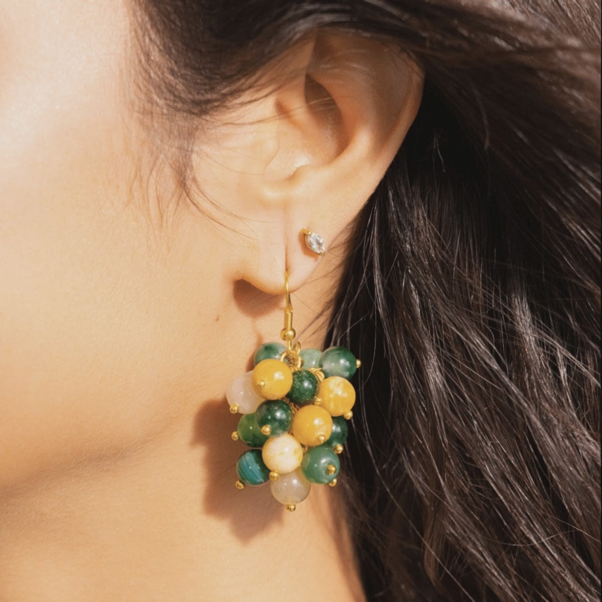 Makemba Jasper Beaded Dangles in Emerald Legacy featuring clustered green, golden yellow and cream jasper beads.