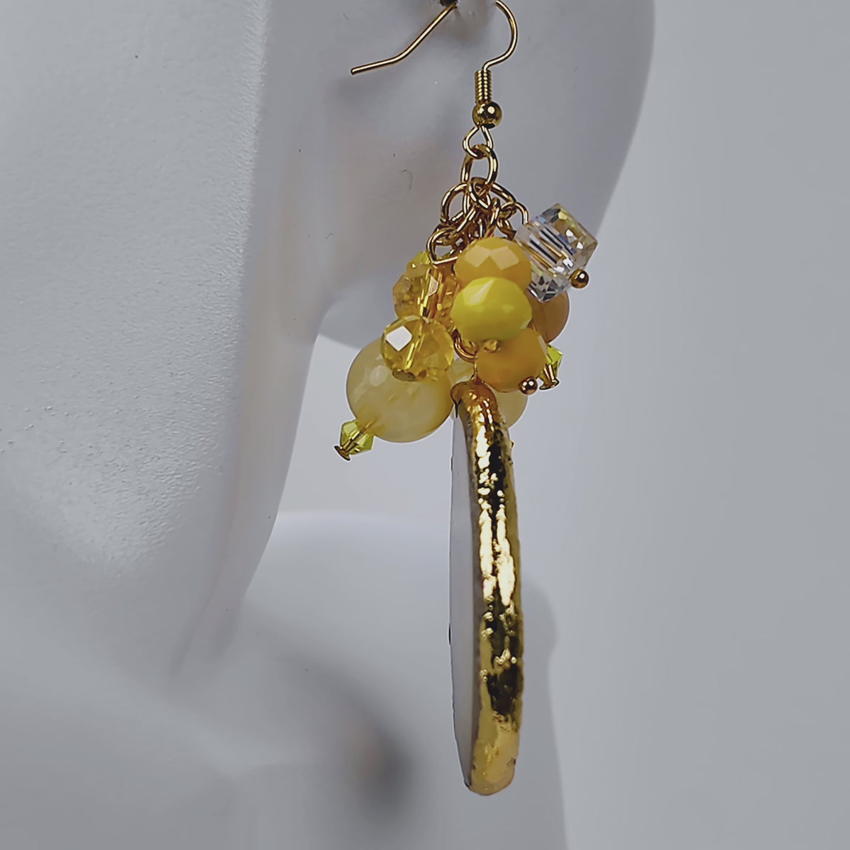 Chrysallis Natural Yellow Agate Dangle Earrings featuring sliced yellow agate drops with clustered yellow and clear beads.