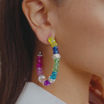 Malia Glass Hoops- Ombre- Sassy Jones ,Hand-strung faceted glass AB beads in a rainbow ombre of pink, yellow, blue, green, and lavender hues - Clear crystal-encrusted spacers - Custom silver end caps, wedding jewelry, prom accessories 