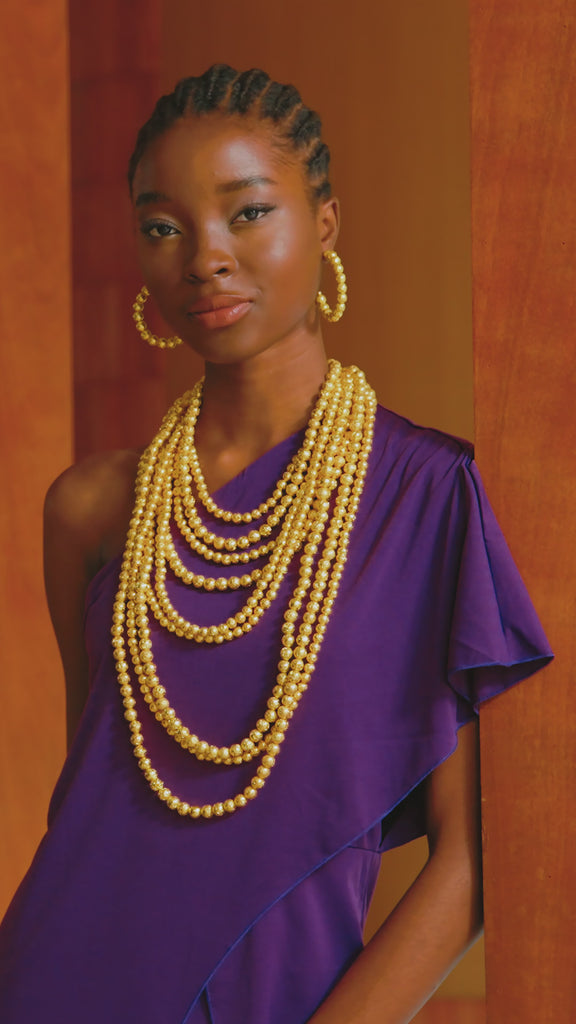 Makemba necklace, golden lava bead necklace, 2-in-1 statement necklace, layered gold necklace, bold beaded necklace, lava beaded chain, handcrafted statement jewelry, golden hour necklace, luxury beaded jewelry, versatile statement necklace