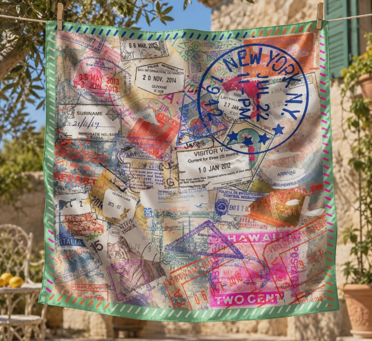 Close up of Charis Jetset Scarf showcasing a large blue New York stamp, colorful travel markings and vintage passport details.