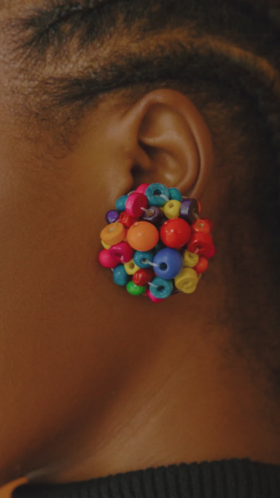 Ayoka earrings, Confetti Pop earrings, wooden beaded earrings, clip-on statement earrings, colorful lightweight earrings, bold clustered earrings, playful statement jewelry, vibrant earrings no piercing, jazzy clip-on earrings, handcrafted wooden earrings