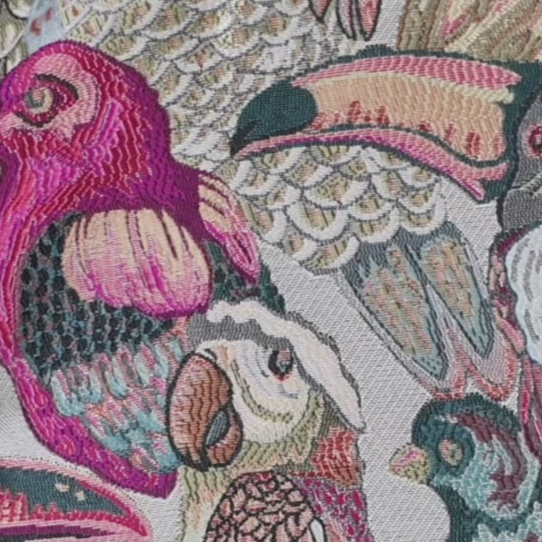 Fawna Jacquard Embroidered Jacket featuring an intricate multicolor bird design and ornate gold embroidered trim.