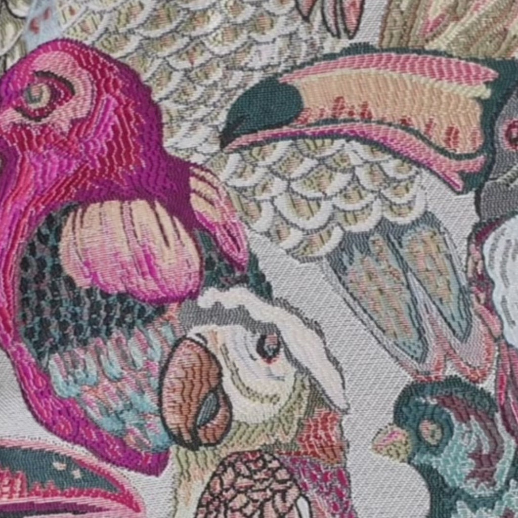 Fawna Jacquard Embroidered Jacket featuring an intricate multicolor bird design and ornate gold embroidered trim.