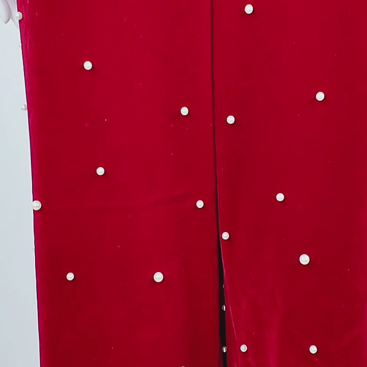 Sassy Jones Fiorella Pant featuring a high-rise waist, tailored pleats, and pearl embellished red velvet.
