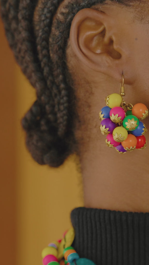 Ayoka earrings, Confetti Pop earrings, wooden statement earrings, colorful lightweight earrings, bold bead earrings, playful dangle earrings, festival jewelry, vibrant statement earrings, jazzy earrings, handcrafted wooden dangles, wooden jewelry, African jewelry