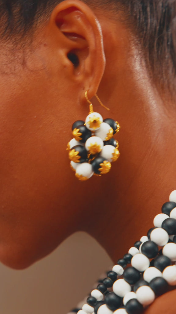 Ayoka earrings, black and white statement earrings, wooden dangle earrings, monochrome jewelry, lightweight wooden earrings, handcrafted earrings, bold statement earrings, jazzy earrings, black and white drop earrings, playful statement jewelry