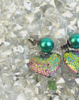 Amora Pearl Heart Dangles - Rainbow Teal