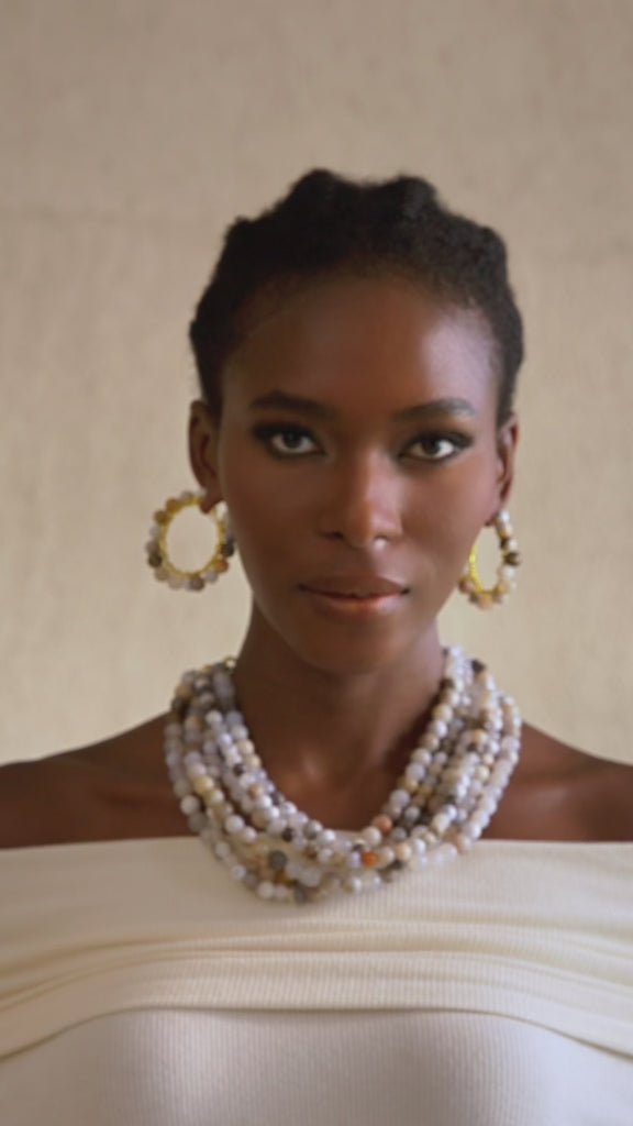 Multi strand Botswana agate beaded collar necklace in neutral ivory, sand, and grey tones with polished natural stone beads.