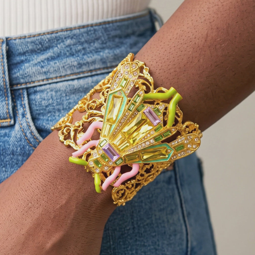 Jeweled beetle cuff featuring lemon, lilac and green stones with turquoise, pink and lime enamel accents.