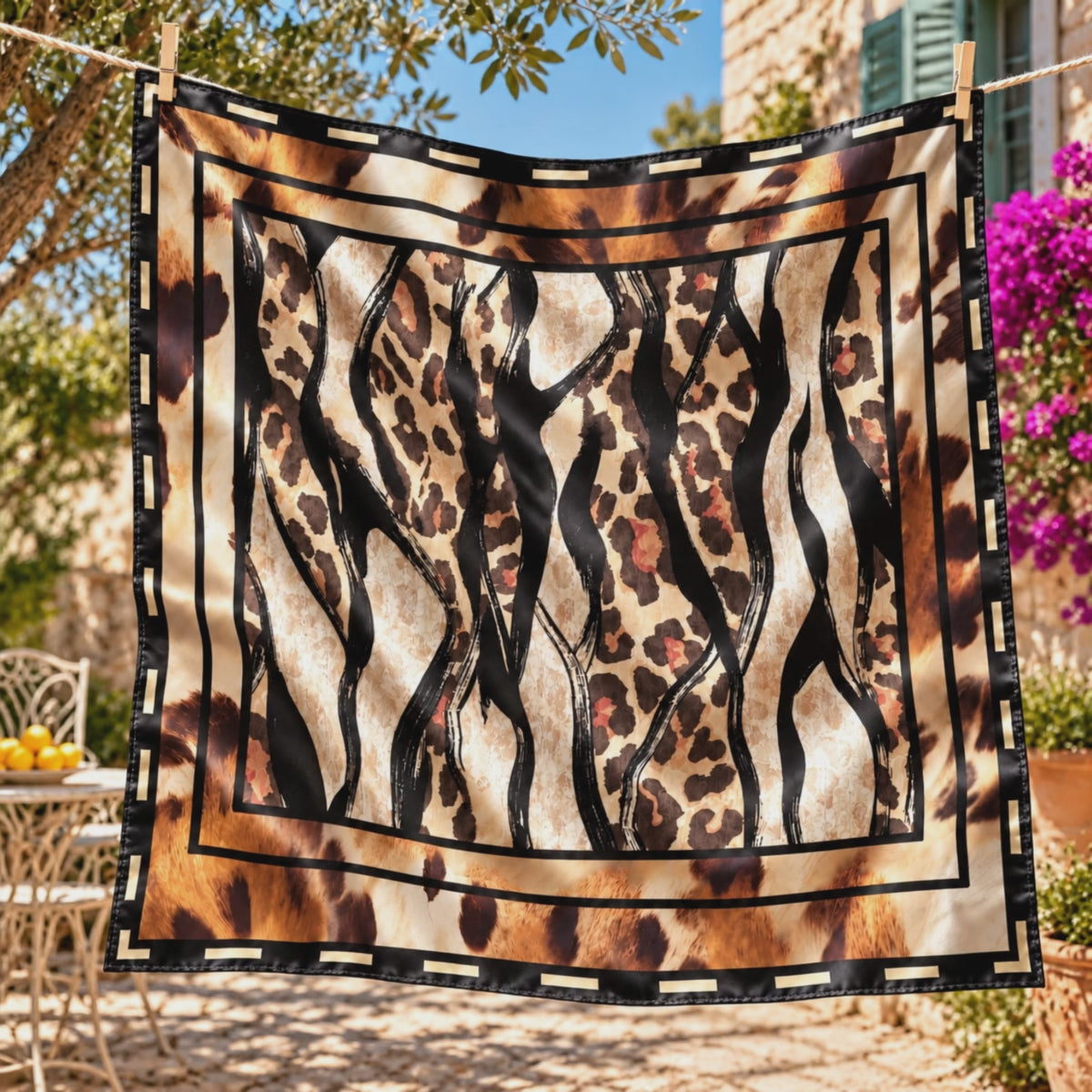 Oversized square scarf featuring mixed animal prints with a contrasting black border and cream dash accents.