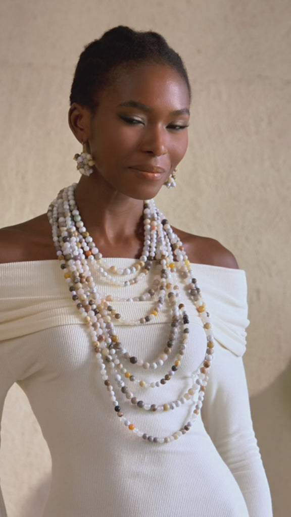 Clustered dangle earrings with natural Botswana agate beads in ivory and neutral tones with gold hook closure.