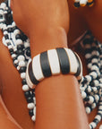 Ayoka bracelet, black and white bracelet, striped wooden bracelet, stretch statement bracelet, monochrome jewelry, bold wooden bracelet, handcrafted bracelet, chunky striped bracelet, black and white fashion jewelry, Ayoka Black & White collection