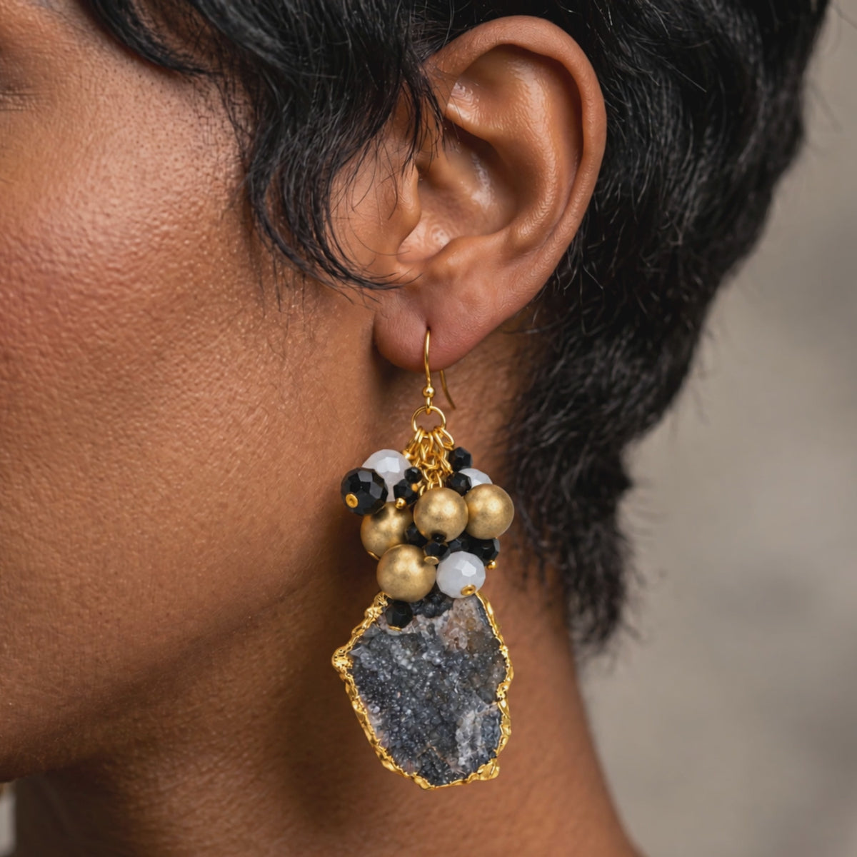 Chrysallis Natural Black/Gold Agate Dangle Earrings featuring raw agate slices with clustered black, white, and gold beads.