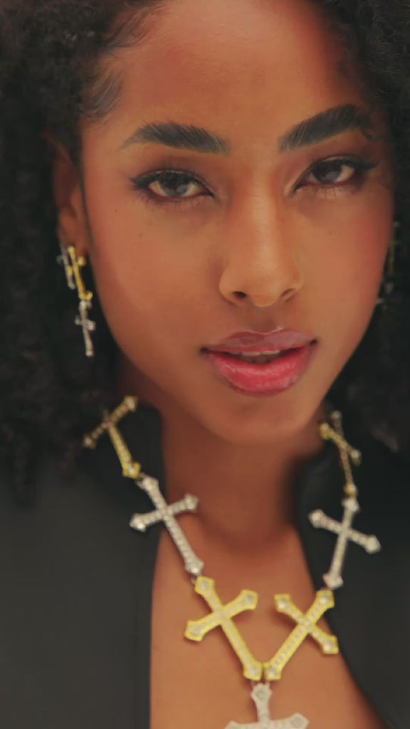 cross earrings, dangle earrings, gold cross earrings, statement earrings, luxury jewelry, women’s earrings, fashion jewelry, religious jewelry, designer earrings, modern cross jewelry