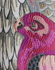 Fawna Jacquard Embroidered Leisure Wide Legged Pant with colorful avian artwork and coordinating decorative pocket trim.