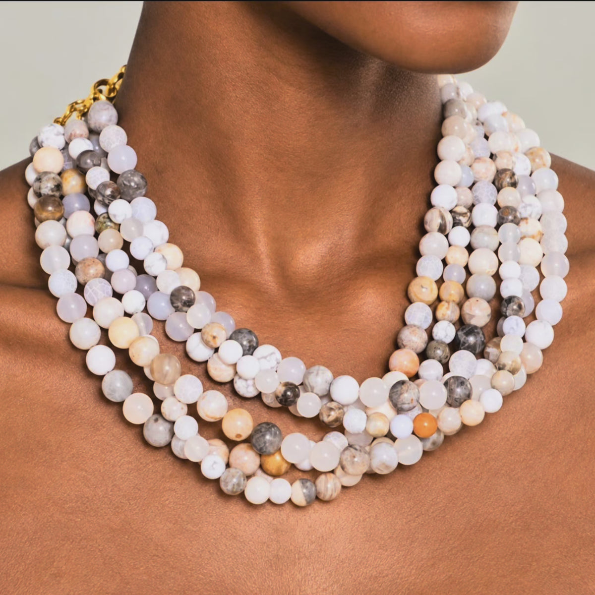 Multi strand Botswana agate statement necklace featuring round natural stone beads in cream, ivory, gray, taupe and caramel tones.