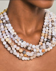 Multi strand Botswana agate statement necklace featuring round natural stone beads in cream, ivory, gray, taupe and caramel tones.