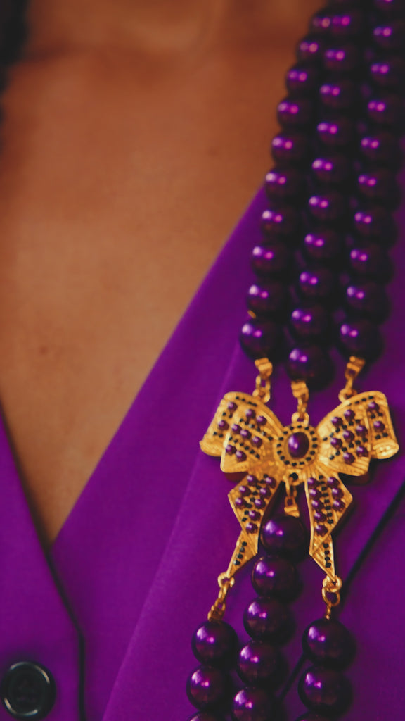 Diamonique Long Dress Chain Purple Reign, purple beaded long necklace, statement purple necklace, long layered necklace, butterfly accent jewelry, bold purple accessories, regal beaded chain, luxury purple jewelry, long pearl bead necklace, evening statement necklace