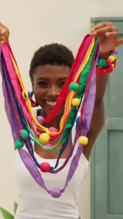 Caliope 2-in-1 Statement Necklace Denim Rainbow, rainbow statement necklace, colorful fabric necklace, layered rainbow necklace, bold festival jewelry, detachable rainbow necklace, bright summer necklace, vibrant multi-color necklace, playful statement jewelry, handcrafted rainbow necklace