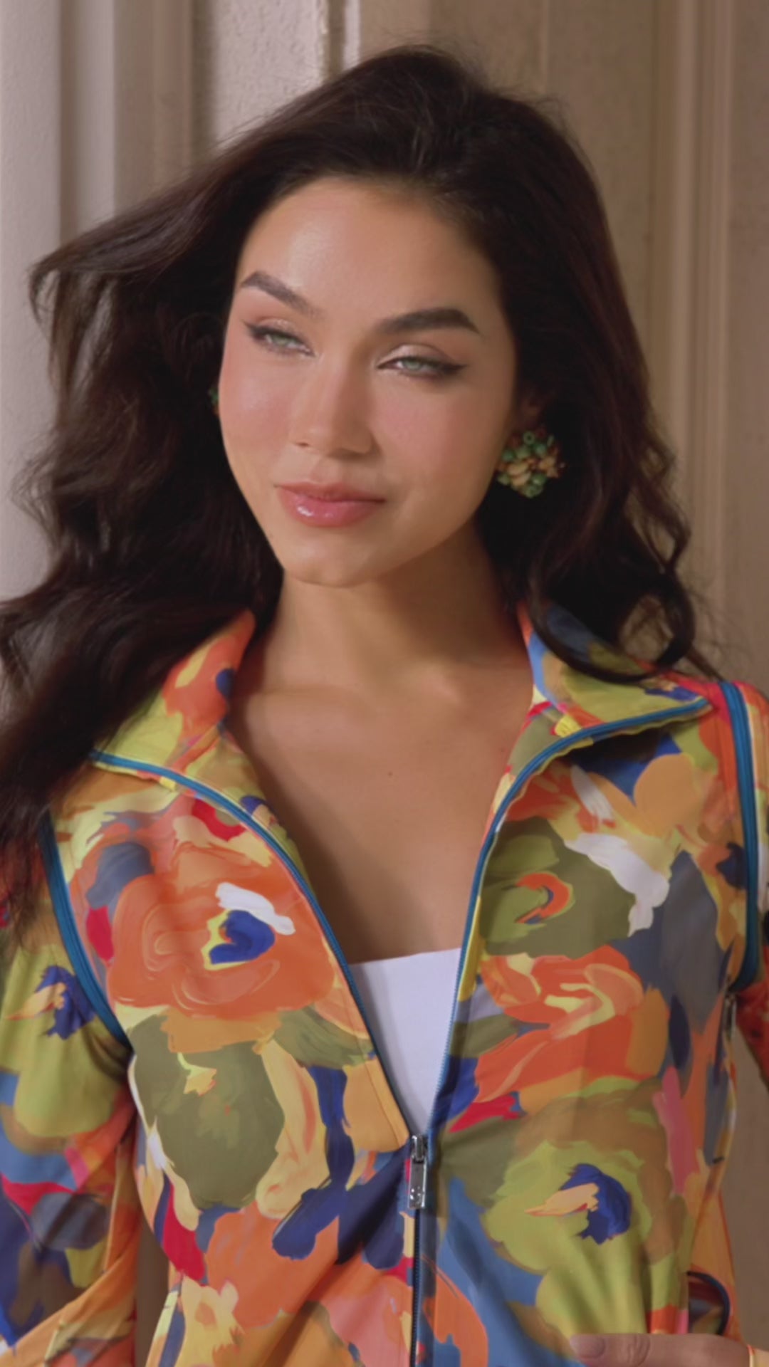 women’s athleisure jacket, stretch jogger jacket, printed jacket women, modern streetwear women, boutique outerwear, fashion zip jacket, luxury casual jacket, statement jacket women, contemporary women’s fashion, designer-inspired outerwear