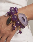 Two piece purple stretch bracelet stack with natural agate slices and chunky round beads.