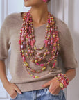 Caliope 2-in-1 Beaded Leather Statement Necklace - Strawberry Truffle
