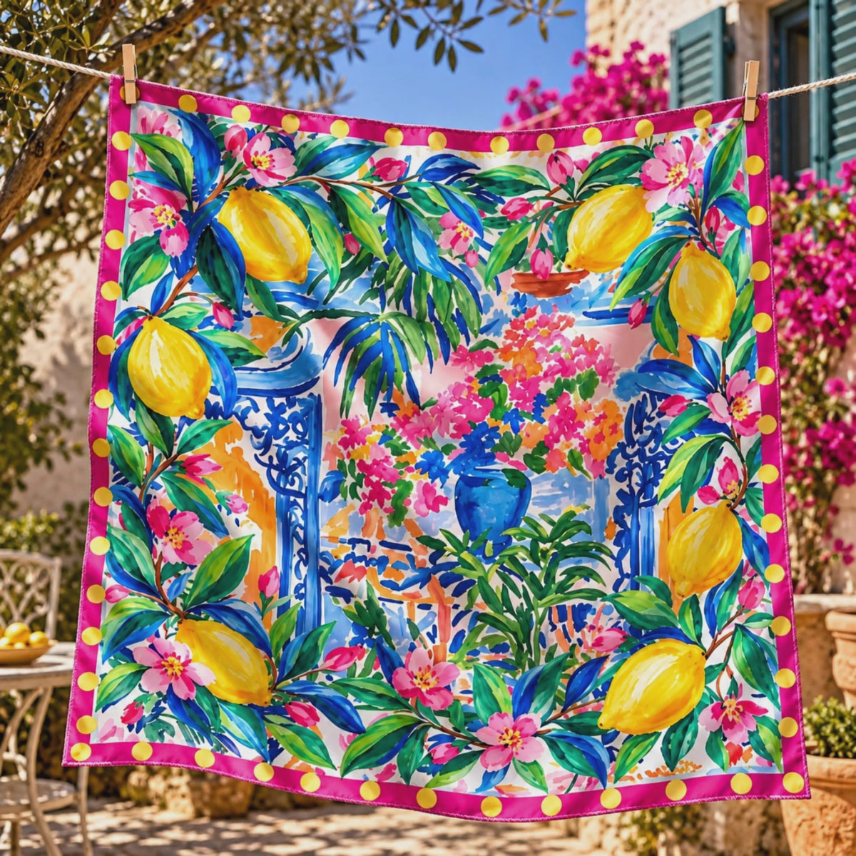 Colorful oversized square scarf featuring painterly botanical artwork and a hot pink border with yellow polka dots.
