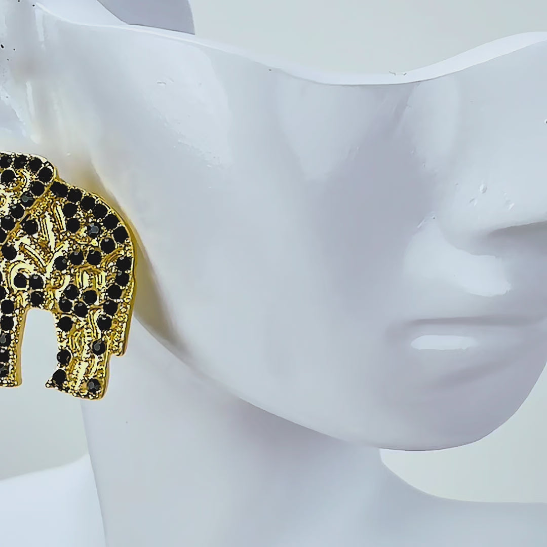 Close up of Ibiza Crystal Studs showing ornate elephant detailing with contrasting black crystal accents.