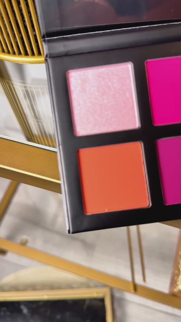 Color Bloom Blush Palette featuring six colorful blush shades in pink, peach, lilac, and berry tones beside model with glowing radiant skin