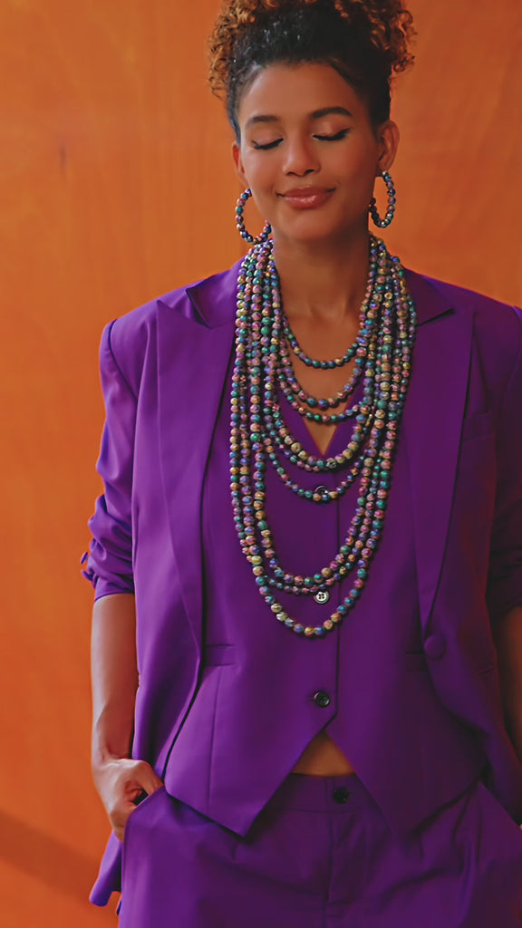 Makemba necklace, aurora borealis jewelry, iridescent lava bead necklace, 2-in-1 statement necklace, multi-color beaded necklace, bold statement chain, layered lava bead necklace, cosmic jewelry, aurora beaded necklace, luxury statement jewelry