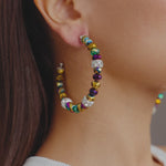 Malia Glass Hoops - Peacock - Sassy Jones,  glass hoops, iridescent earrings, glass bead earrings, prom accessories, wedding jewelry, - Hand-strung faceted glass AB beads in iridescent purple, teal, and gold hues - Clear crystal-encrusted spacers - Custom silver end caps - Silver metal hardware 