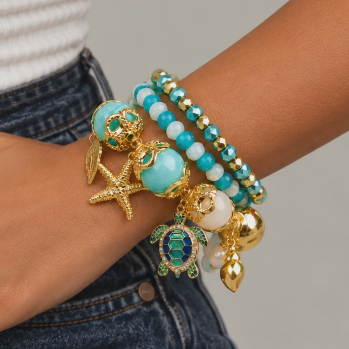 Soleia Sea Turtle 3pc Chunky Stack featuring turquoise, ivory, and gold beads with coastal charms.