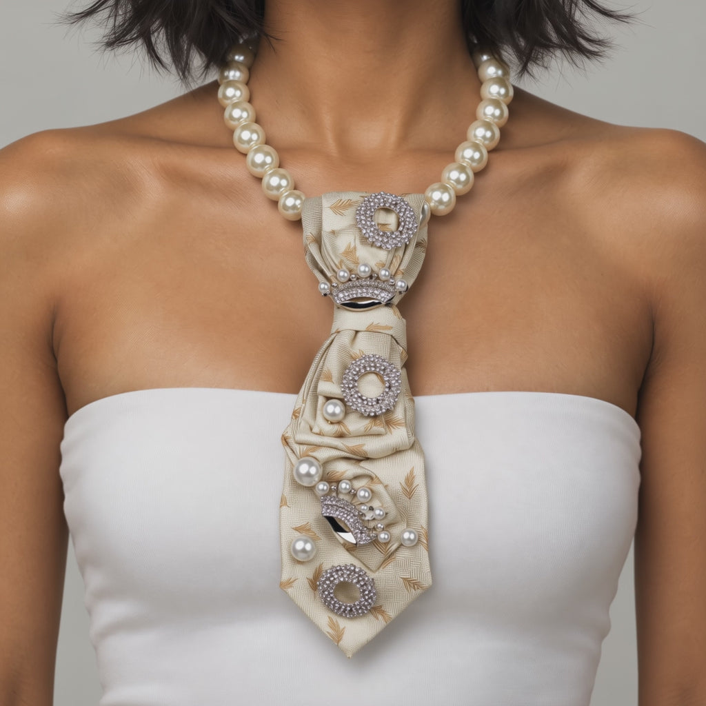 Close up of Valerie Pearl Queen necktie showcasing pearl centered jeweled motifs and sparkling crystal accents.