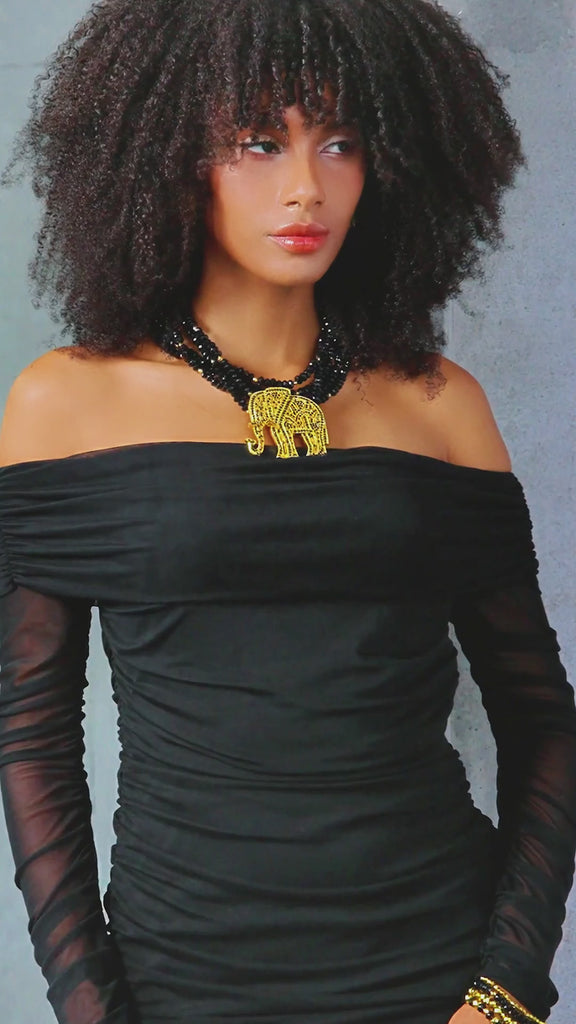 black gold bracelet stack, stretch bracelet set, elephant charm bracelet, statement bracelet stack, black beaded bracelets, gold bead bracelets, stackable jewelry, women’s bracelet set, symbolic jewelry