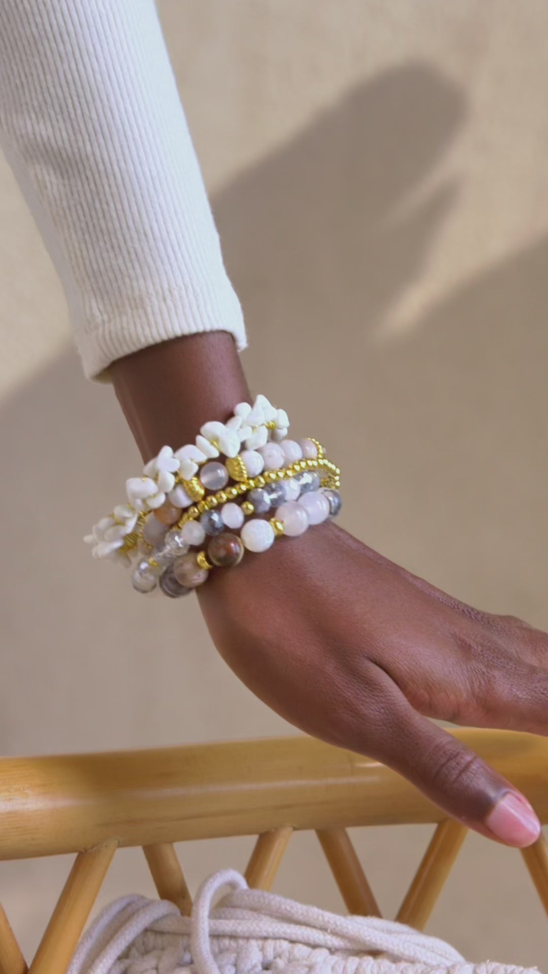 6 piece stretch bracelet stack with Botswana agate beads, ivory stone chips, and gold accents in neutral tones