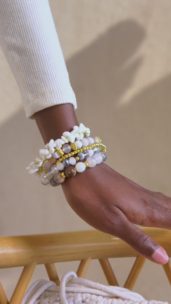6 piece stretch bracelet stack with Botswana agate beads, ivory stone chips, and gold accents in neutral tones