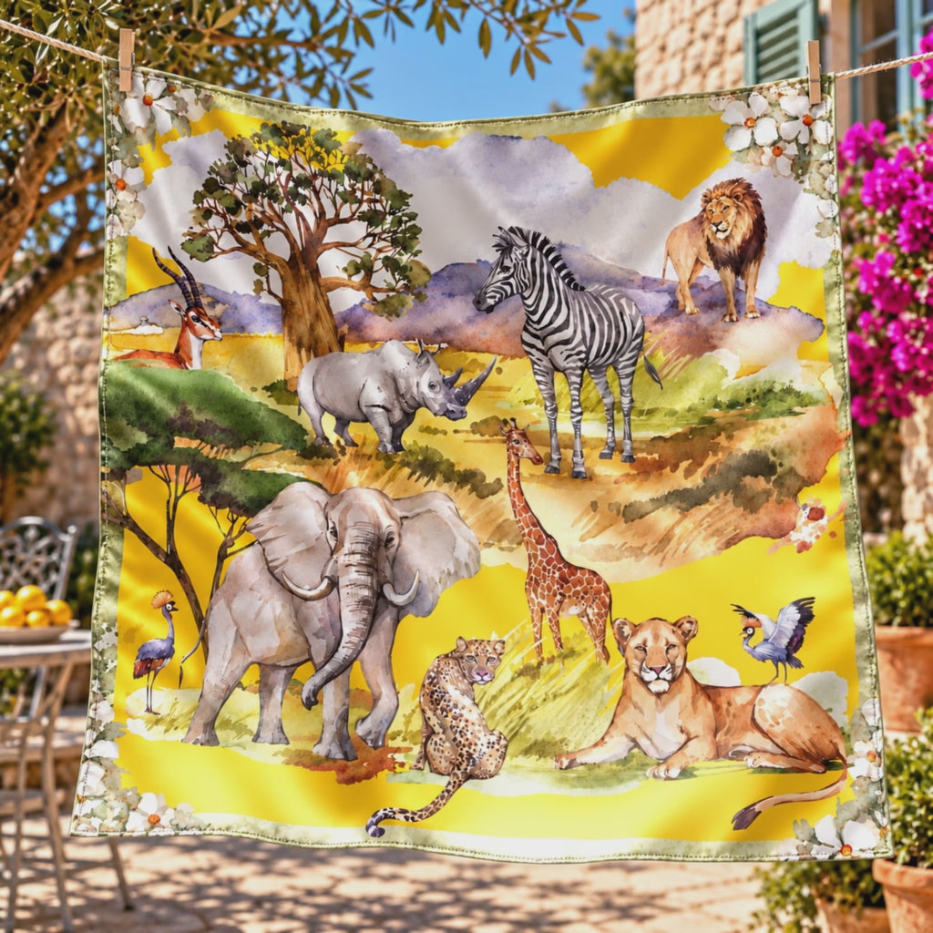 Yellow oversized square scarf featuring watercolor inspired African wildlife illustrations and botanical border detailing.