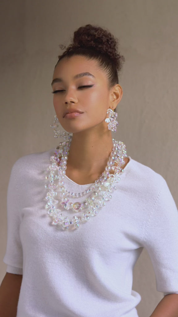 Iridescent bubble hoop earrings with glossy clear beads reflecting rainbow tones in a clustered statement design.