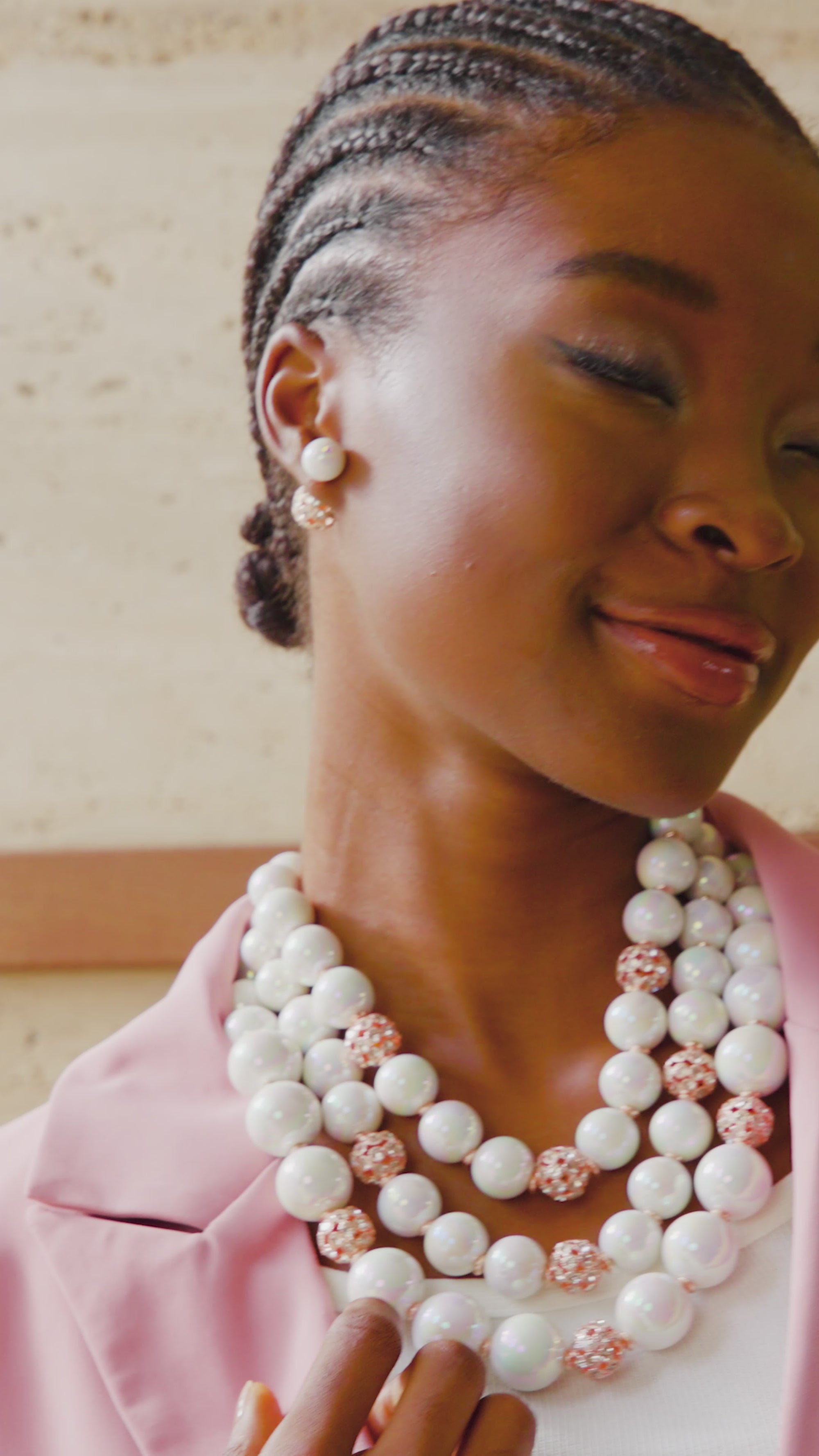 Diamonique pearl studs, pearl double stud earrings, iridescent pearl earrings, rose gold pearl earrings, crystal double stud earrings, luxury pearl jewelry, pearl and rose gold earrings, two-sided pearl earrings, pearl statement studs, versatile stud earrings