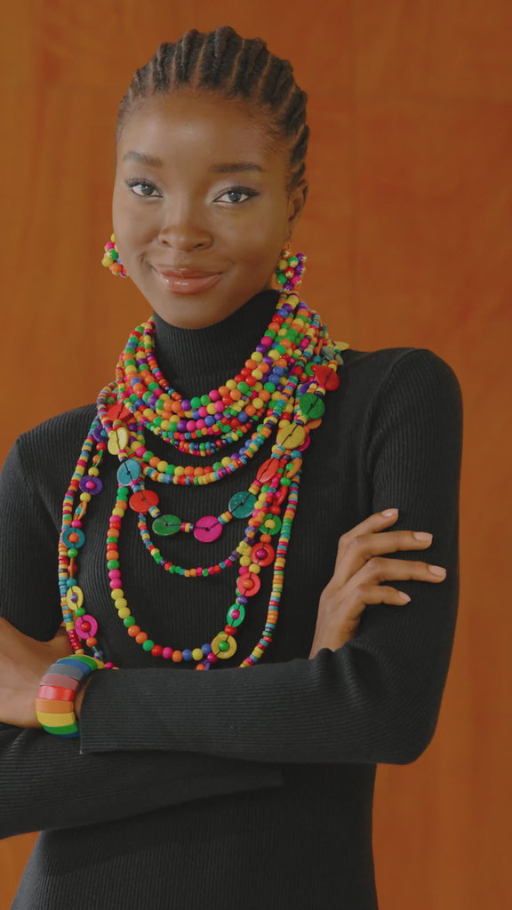 Ayoka necklace, Confetti Pop jewelry, wooden statement necklace, colorful beaded necklace, lightweight bold necklace, cascading beaded chain, festival jewelry, boho chic necklace, playful statement jewelry, versatile 2-in-1 necklace, boho jewelry, lightweight jewelry, colorful jewelry