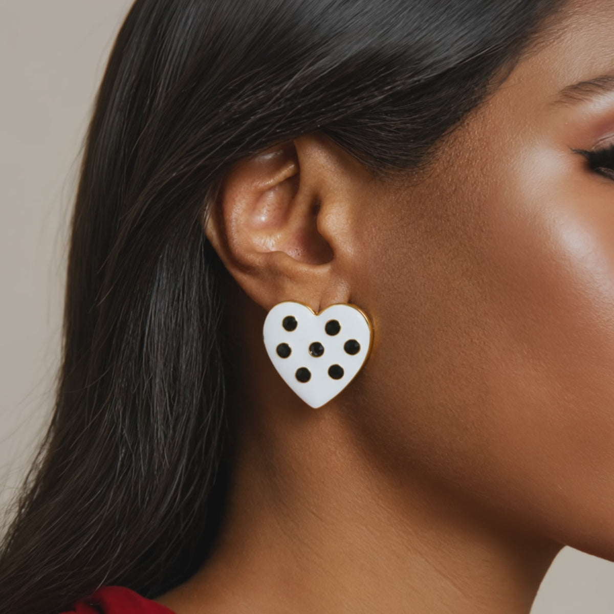 Sassy Jones Lovebug Black and White heart earrings featuring a playful polka dot inspired crystal design.