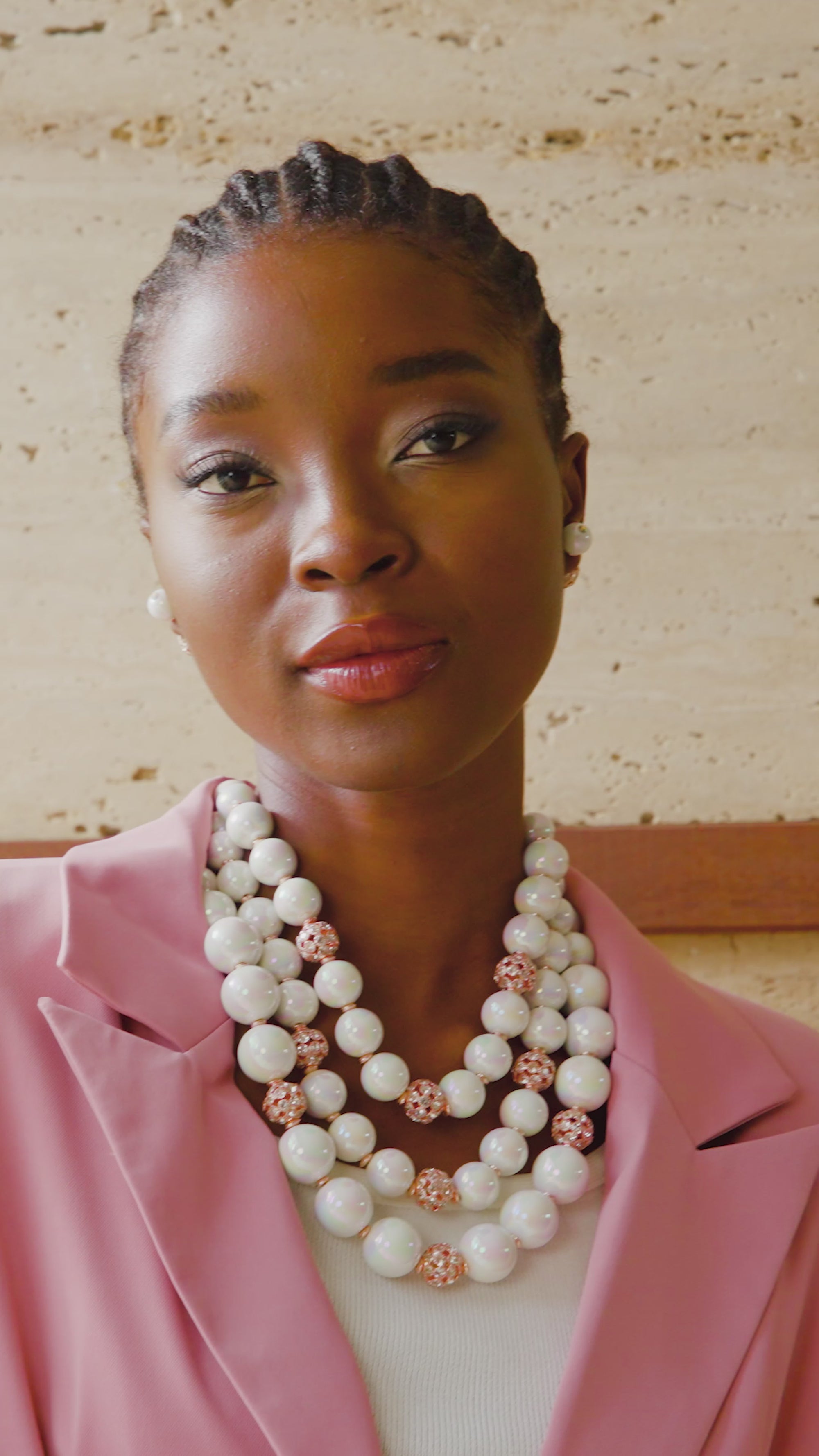 Diamonique necklace, iridescent pearl statement necklace, rose gold pearl necklace, chunky pearl necklace, luxury pearl statement jewelry, oversized pearl necklace, crystal accent necklace, fashion statement necklace, glamorous pearl jewelry, bold pearl bib necklace