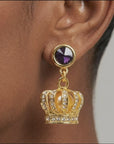 Sassy Jones Reign Pavé Crown Earrings featuring purple accents, champagne centers and ornate gold detailing.